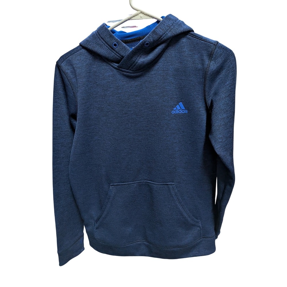Adidas Boys Climawarm Hoodie Navy Blue Heathered Pullover Sweatshirt Size S 8-10